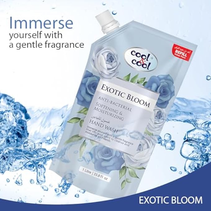 Cool & Cool HAND WASH POUCH 1 LITER - EXOTIC BLOOM SCENTED ANTI-BACTERIAL,SKIN-SOFTENING & MOISTURIZING LIQUID HAND WASH - Image 2